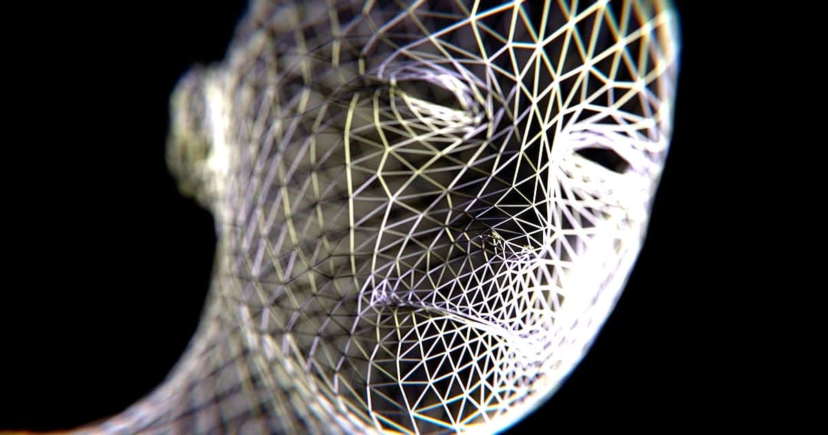 IA et résistance au changement en entreprise - A wireframe head emerges from darkness.