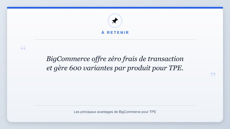 À retenir: BigCommerce offre zéro frais de transaction et gère 600 variantes par produit pour TPE.