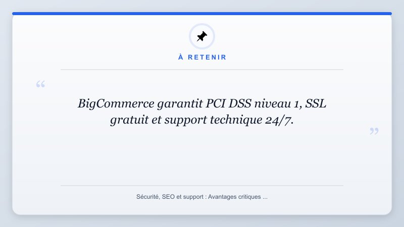 À retenir: BigCommerce garantit PCI DSS niveau 1, SSL gratuit et support technique 24/7.