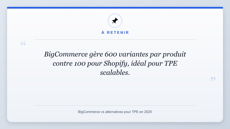 À retenir: BigCommerce gère 600 variantes par produit contre 100 pour Shopify, idéal pour TPE scalables.