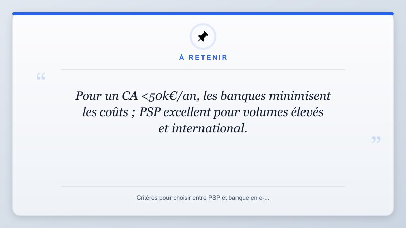 À retenir: Pour un CA <50k€/an, les banques minimisent les coûts ; PSP excellent pour volumes élevés et interna...