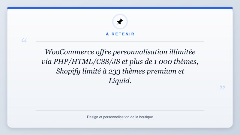 À retenir: WooCommerce offre personnalisation illimitée via PHP/HTML/CSS/JS et plus de 1 000 thèmes, Shopify li...