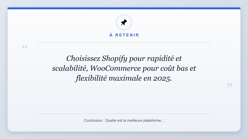 À retenir: Choisissez Shopify pour rapidité et scalabilité, WooCommerce pour coût bas et flexibilité maximale e...