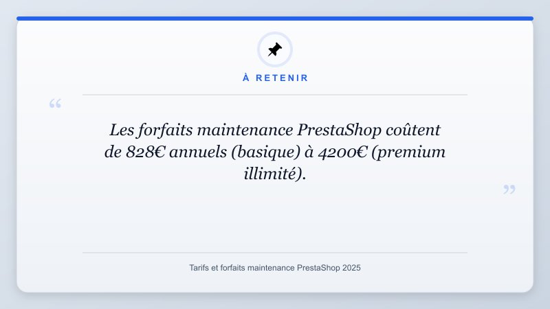 À retenir: Les forfaits maintenance PrestaShop coûtent de 828€ annuels (basique) à 4200€ (premium illimité).