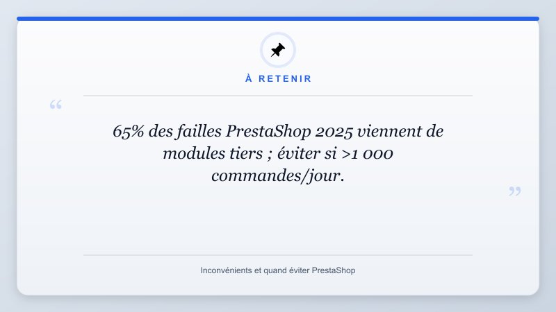 À retenir: 65% des failles PrestaShop 2025 viennent de modules tiers ; éviter si >1 000 commandes/jour.