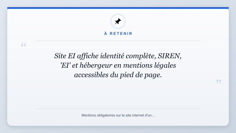 À retenir: Site EI affiche identité complète, SIREN, 'EI' et hébergeur en mentions légales accessibles du pied ...