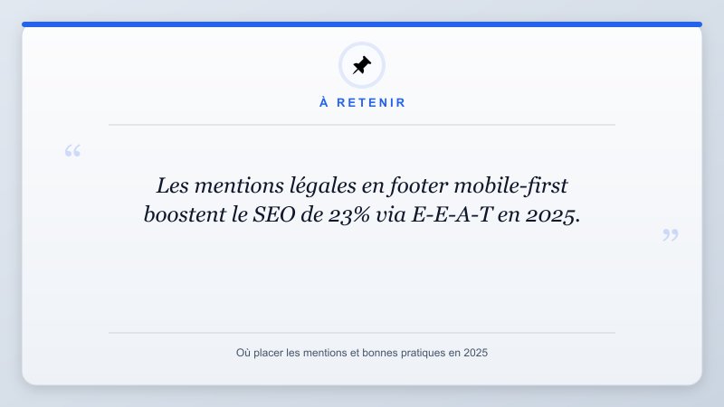 À retenir: Les mentions légales en footer mobile-first boostent le SEO de 23% via E-E-A-T en 2025.
