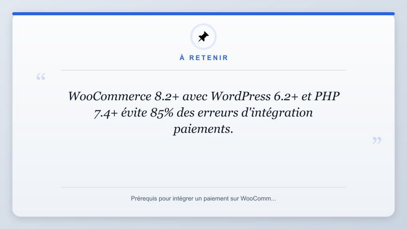 À retenir: WooCommerce 8.2+ avec WordPress 6.2+ et PHP 7.4+ évite 85% des erreurs d'intégration paiements.