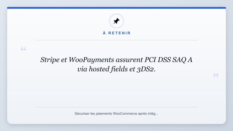 À retenir: Stripe et WooPayments assurent PCI DSS SAQ A via hosted fields et 3DS2.