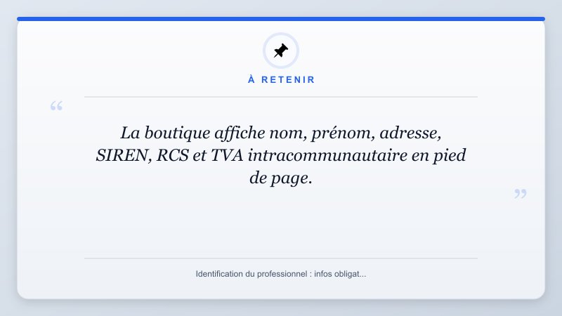 À retenir: La boutique affiche nom, prénom, adresse, SIREN, RCS et TVA intracommunautaire en pied de page.
