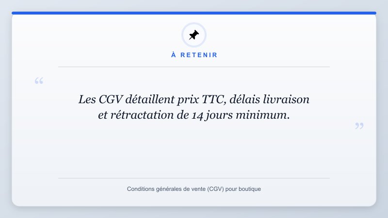 À retenir: Les CGV détaillent prix TTC, délais livraison et rétractation de 14 jours minimum.
