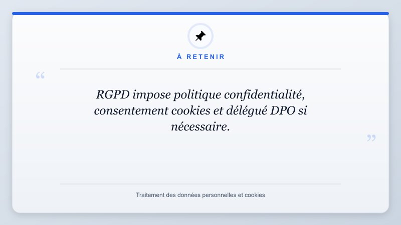 À retenir: RGPD impose politique confidentialité, consentement cookies et délégué DPO si nécessaire.