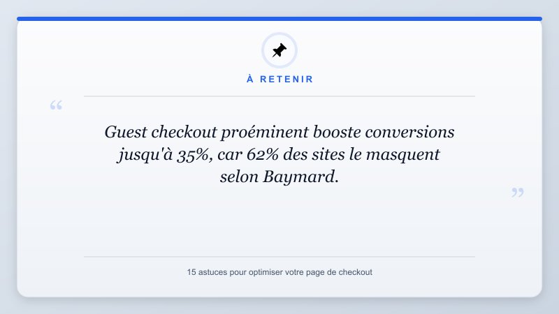 À retenir: Guest checkout proéminent booste conversions jusqu'à 35%, car 62% des sites le masquent selon Baymar...