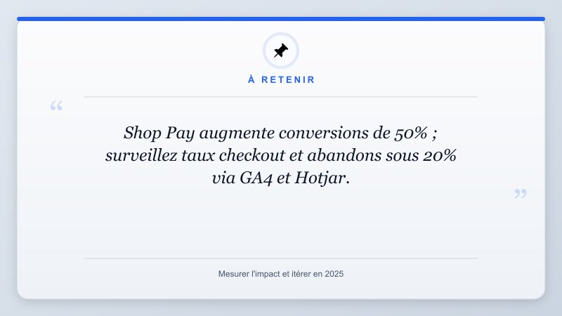 À retenir: Shop Pay augmente conversions de 50% ; surveillez taux checkout et abandons sous 20% via GA4 et Hotj...
