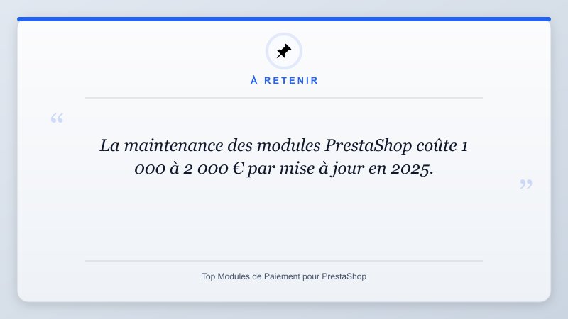 À retenir: La maintenance des modules PrestaShop coûte 1 000 à 2 000 € par mise à jour en 2025.