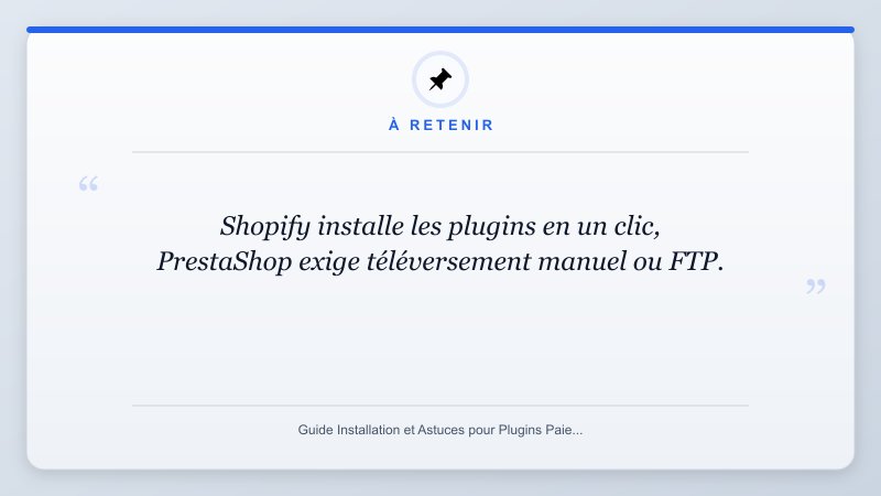 À retenir: Shopify installe les plugins en un clic, PrestaShop exige téléversement manuel ou FTP.
