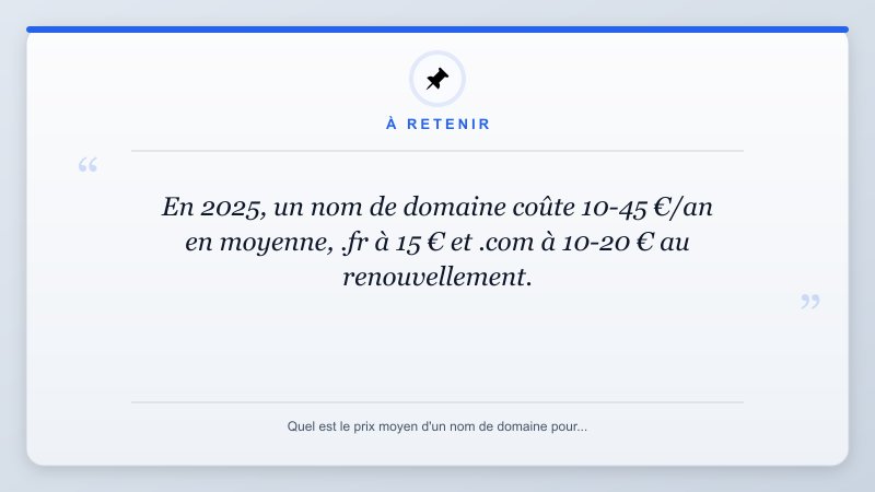 À retenir: En 2025, un nom de domaine coûte 10-45 €/an en moyenne, .fr à 15 € et .com à 10-20 € au renouvelleme...