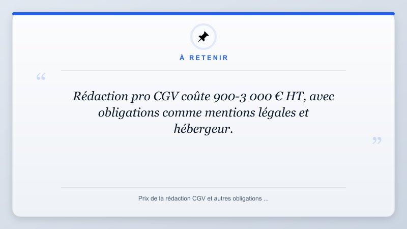 À retenir: Rédaction pro CGV coûte 900-3 000 € HT, avec obligations comme mentions légales et hébergeur.