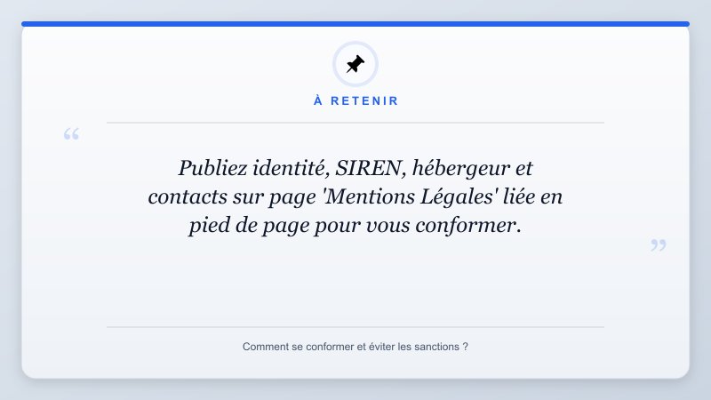 À retenir: Publiez identité, SIREN, hébergeur et contacts sur page 'Mentions Légales' liée en pied de page pour...