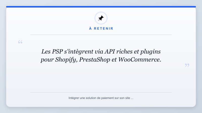À retenir: Les PSP s'intègrent via API riches et plugins pour Shopify, PrestaShop et WooCommerce.