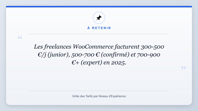 À retenir: Les freelances WooCommerce facturent 300-500 €/j (junior), 500-700 € (confirmé) et 700-900 €+ (exper...