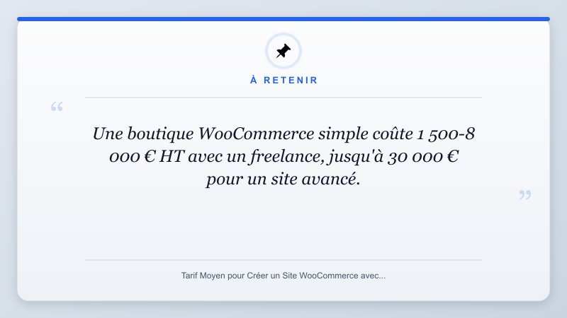 À retenir: Une boutique WooCommerce simple coûte 1 500-8 000 € HT avec un freelance, jusqu'à 30 000 € pour un s...