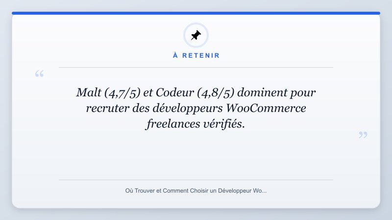 À retenir: Malt (4,7/5) et Codeur (4,8/5) dominent pour recruter des développeurs WooCommerce freelances vérifi...