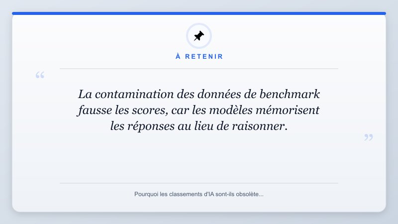 À retenir: La contamination des données de benchmark fausse les scores, car les modèles mémorisent les réponses...
