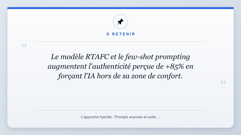 À retenir: Le modèle RTAFC et le few-shot prompting augmentent l'authenticité perçue de +85% en forçant l'IA ho...