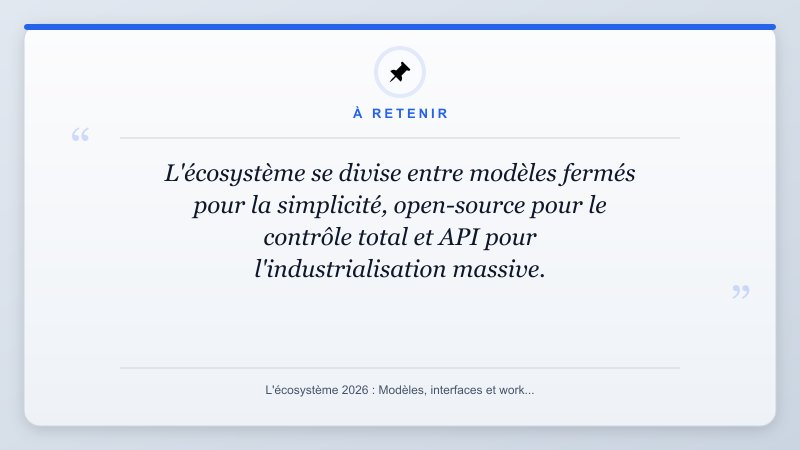 À retenir: L'écosystème se divise entre modèles fermés pour la simplicité, open-source pour le contrôle total e...