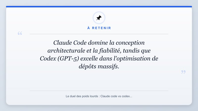 À retenir: Claude Code domine la conception architecturale et la fiabilité, tandis que Codex (GPT-5) excelle da...