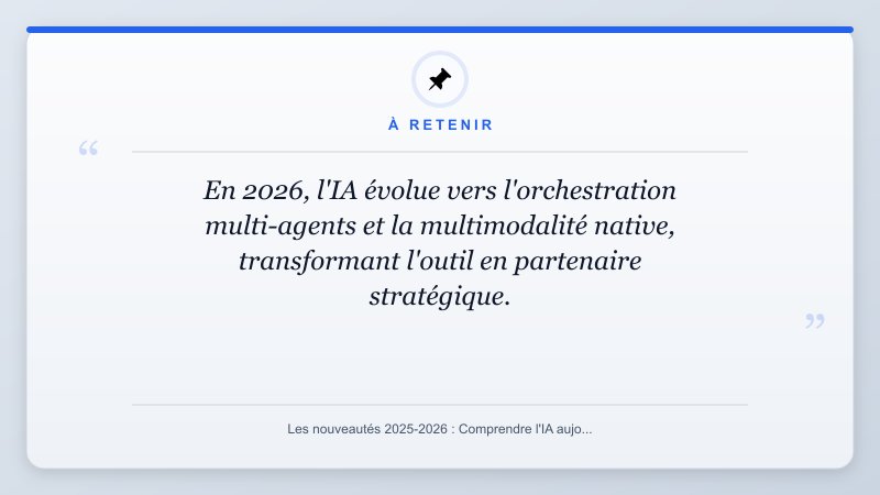 À retenir: En 2026, l'IA évolue vers l'orchestration multi-agents et la multimodalité native, transformant l'ou...