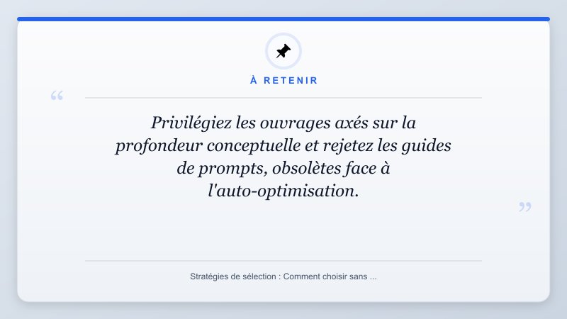 À retenir: Privilégiez les ouvrages axés sur la profondeur conceptuelle et rejetez les guides de prompts, obsol...